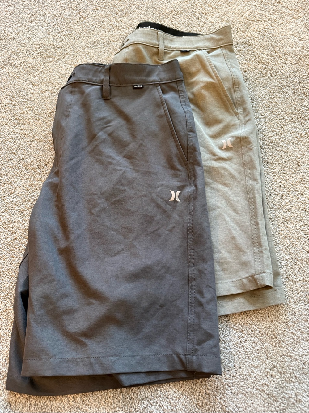 Two Pairs of Hurley Men’s Shorts in Gray and Light Olive